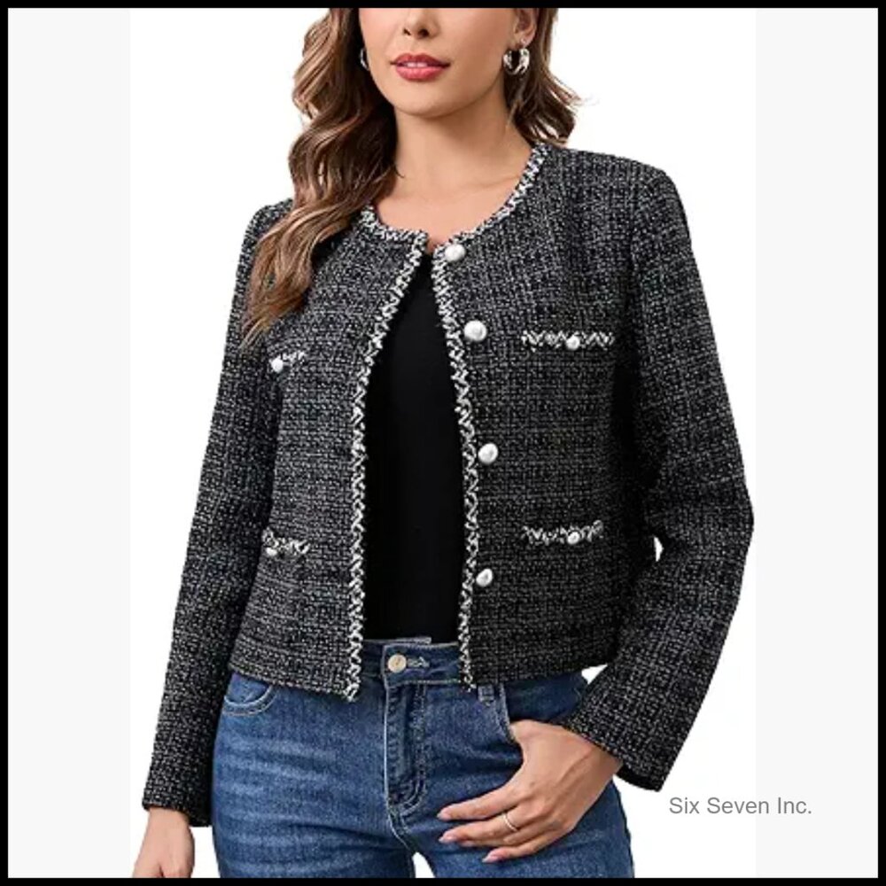 Tweed Blazer Jacket Cropped Long Sleeve With Pockets Crewneck Collarless
